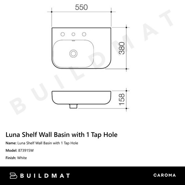 Caroma Luna Shelf Wall Basin with 1 Tap Hole
