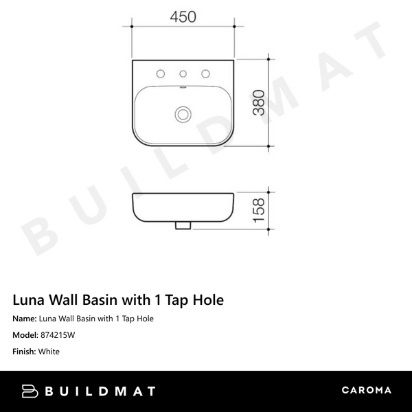 Caroma Luna Wall Basin with 1 Tap Hole