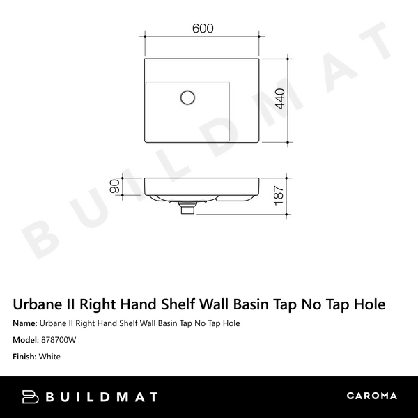 Caroma Urbane II Right Hand Shelf Wall Basin Tap No Tap Hole