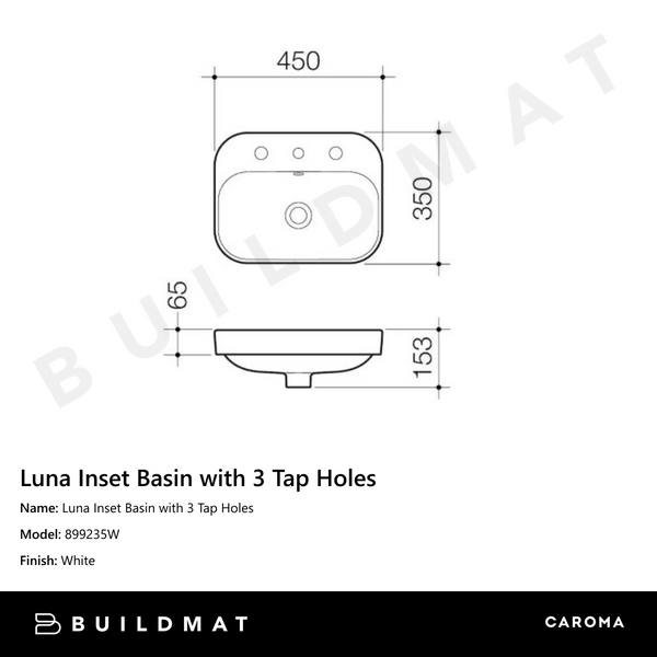 Caroma Luna Inset Basin with 3 Tap Holes