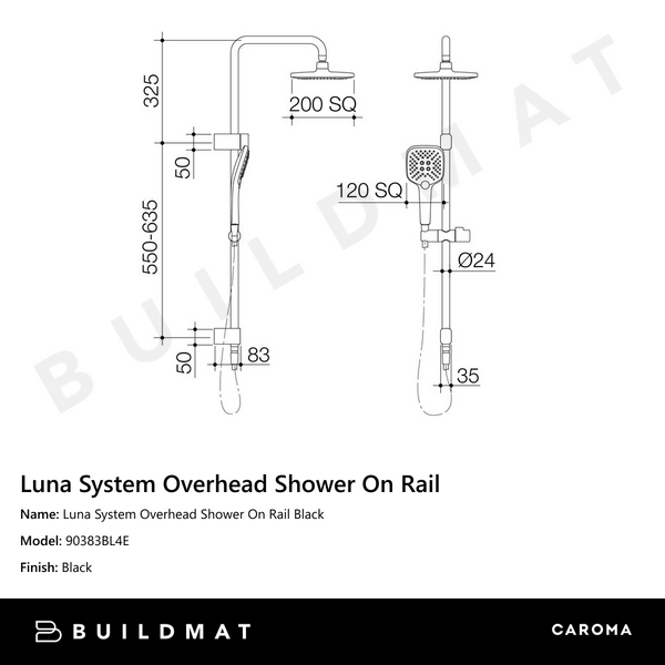 Caroma Luna System Overhead Shower On Rail Black