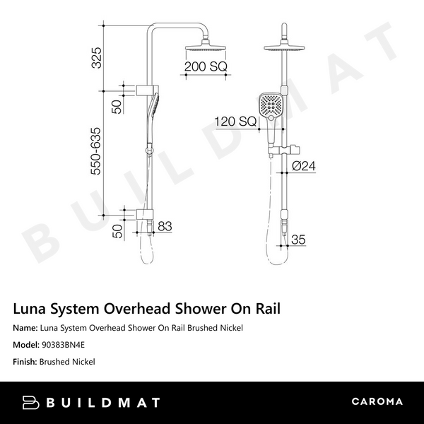 Caroma Luna System Overhead Shower On Rail Brushed Nickel