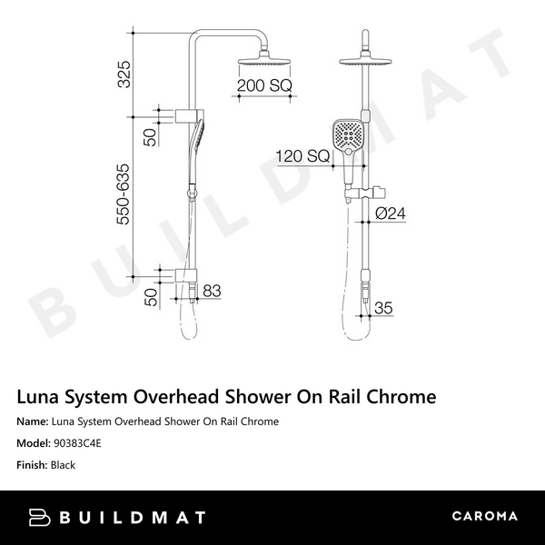 Caroma Luna System Overhead Shower On Rail Chrome