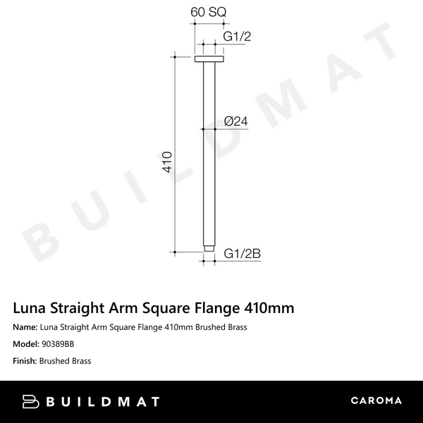 Caroma Luna Straight Arm Square Flange 410mm Brushed Brass