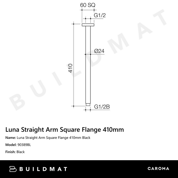 Caroma Luna Straight Arm Square Flange 410mm Black