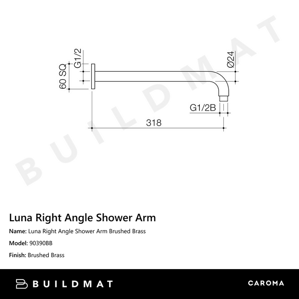 Caroma Luna Right Angle Shower Arm Brushed Brass