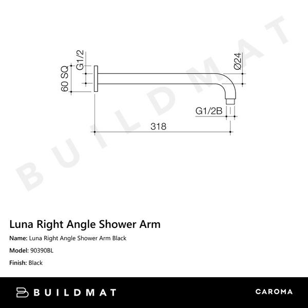 Caroma Luna Right Angle Shower Arm Black