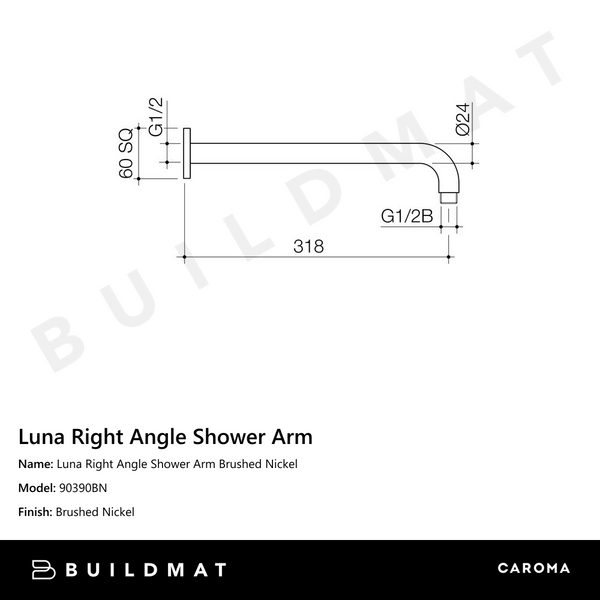 Caroma Luna Right Angle Shower Arm Brushed Nickel