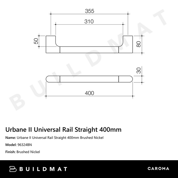 Caroma Urbane II Universal Rail Straight 400mm Brushed Nickel