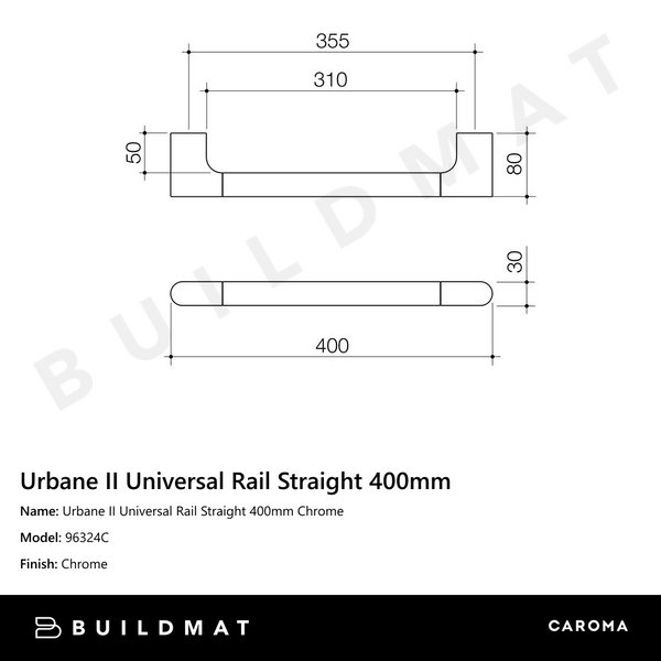 Caroma Urbane II Universal Rail Straight 400mm Chrome