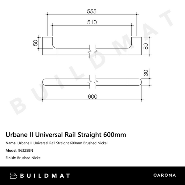 Caroma Urbane II Universal Rail Straight 600mm Brushed Nickel