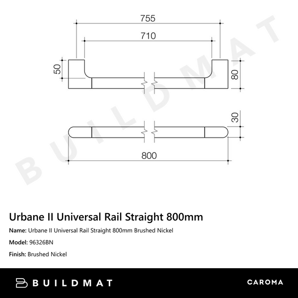 Caroma Urbane II Universal Rail Straight 800mm Brushed Nickel