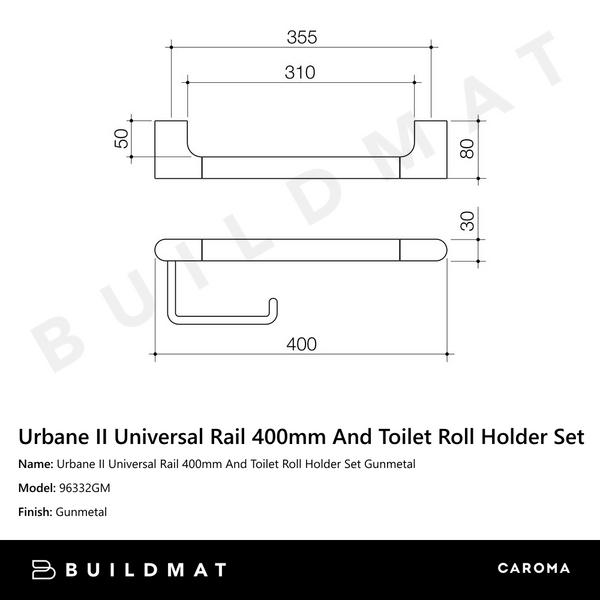 Caroma Urbane II Universal Rail 400mm Toilet Roll Holder Set Gunmetal