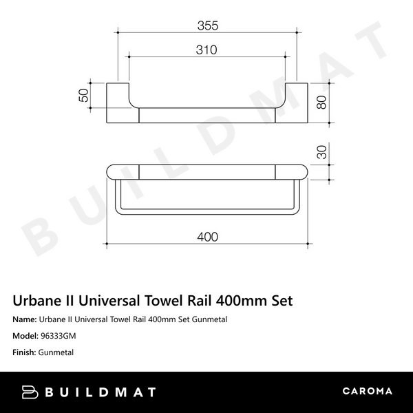 Caroma Urbane II Universal Towel Rail 400mm Set Gunmetal