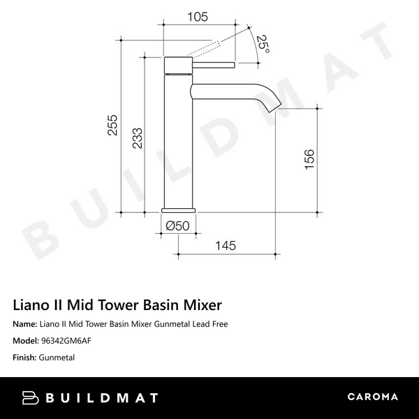 Caroma Liano II Mid Tower Basin Mixer Gunmetal Lead Free