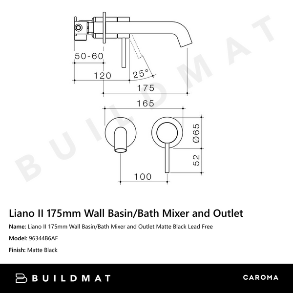 Caroma Liano II 175mm Wall Basin/Bath Mixer and Outlet Matte Black Lead Free