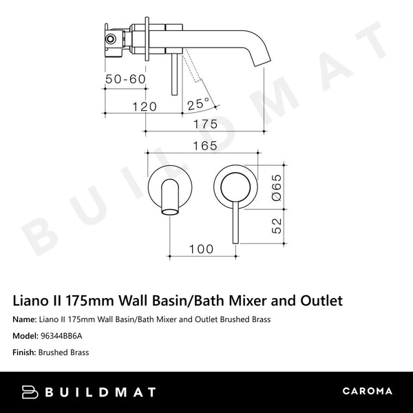 Caroma Liano II 175mm Wall Basin/Bath Mixer and Outlet Brushed Brass