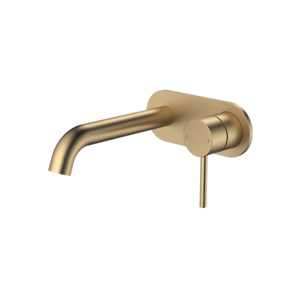 Caroma Liano II 175mm Wall Basin/Bath Mixer and Outlet Rounded Plate Lead Free Brushed Brass