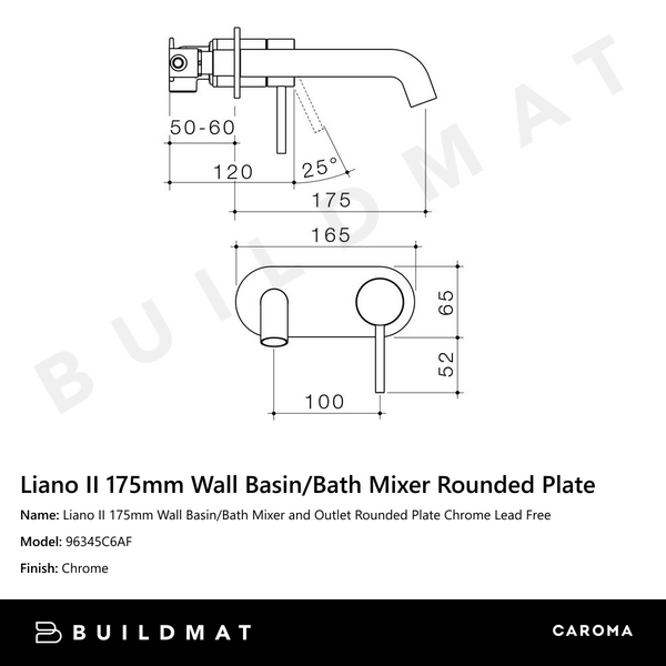 Caroma Liano II 175mm Wall Basin/Bath Mixer and Outlet Rounded Plate Chrome Lead Free