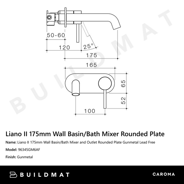 Caroma Liano II 175mm Wall Basin/Bath Mixer and Outlet Rounded Plate Gunmetal Lead Free