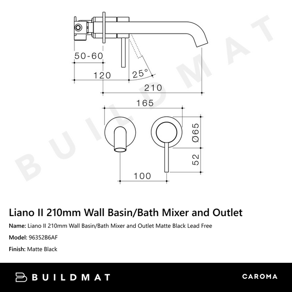 Caroma Liano II 210mm Wall Basin/Bath Mixer and Outlet Matte Black Lead Free