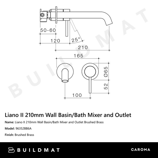 Caroma Liano II 210mm Wall Basin/Bath Mixer and Outlet Brushed Brass