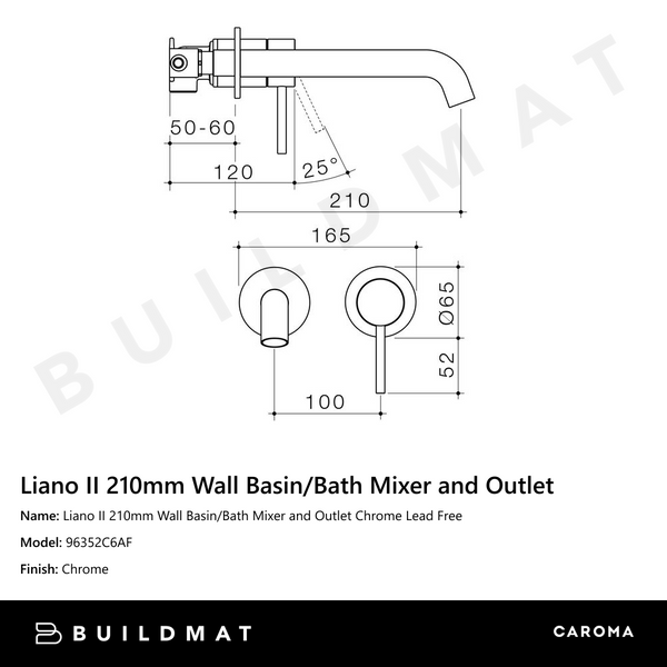 Caroma Liano II 210mm Wall Basin/Bath Mixer and Outlet Chrome Lead Free