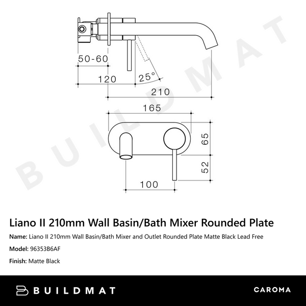 Caroma Liano II 210mm Wall Basin/Bath Mixer and Outlet Rounded Plate Matte Black Lead Free