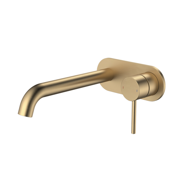 Caroma Liano II 210mm Wall Basin/Bath Mixer and Outlet Rounded Plate Brushed Brass Lead Free