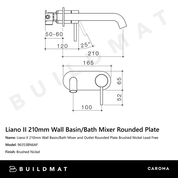 Caroma Liano II 210mm Wall Basin/Bath Mixer and Outlet Rounded Plate Brushed Nickel Lead Free