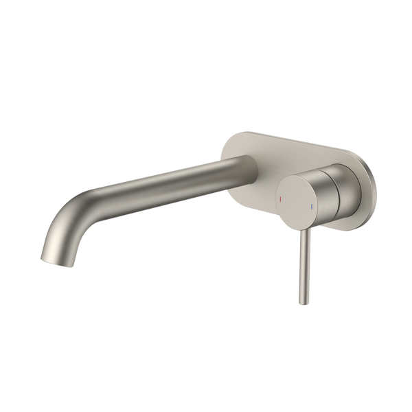 Caroma Liano II 210mm Wall Basin/Bath Mixer and Outlet Rounded Plate Brushed Nickel Lead Free