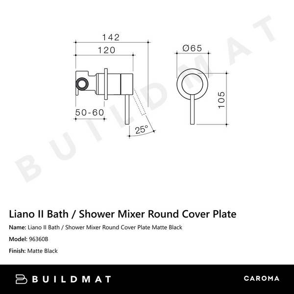 Caroma Liano II Bath / Shower Mixer Round Cover Plate Matte Black