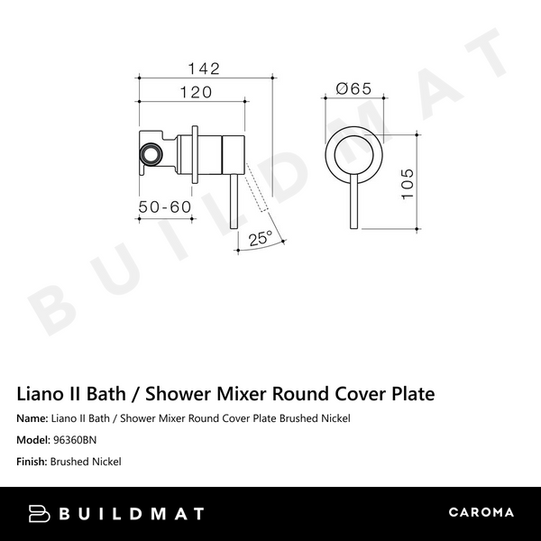 Caroma Liano II Bath / Shower Mixer Round Cover Plate Brushed Nickel