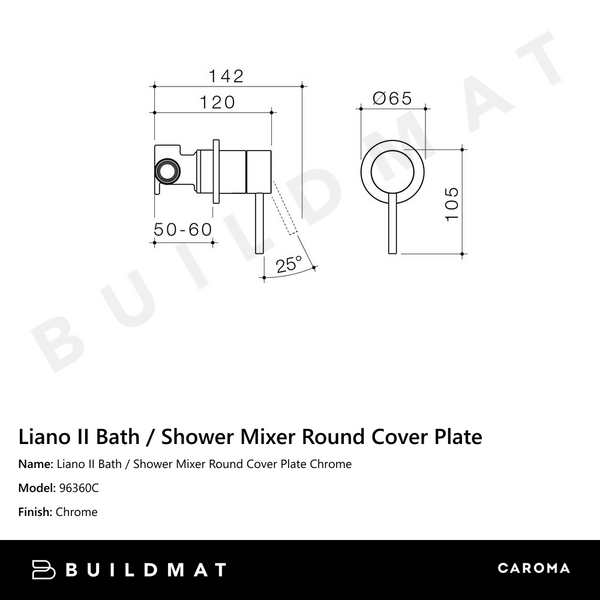 Caroma Liano II Bath / Shower Mixer Round Cover Plate Chrome