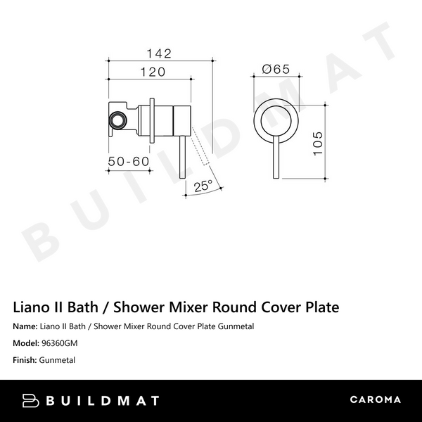 Caroma Liano II Bath Shower Mixer Round Cover Plate Gunmetal