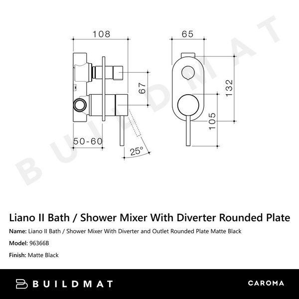 Caroma Liano II Bath / Shower Mixer With Diverter and Outlet Rounded Plate Matte Black