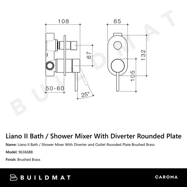 Caroma Liano II Bath / Shower Mixer With Diverter and Outlet Rounded Plate Brushed Brass