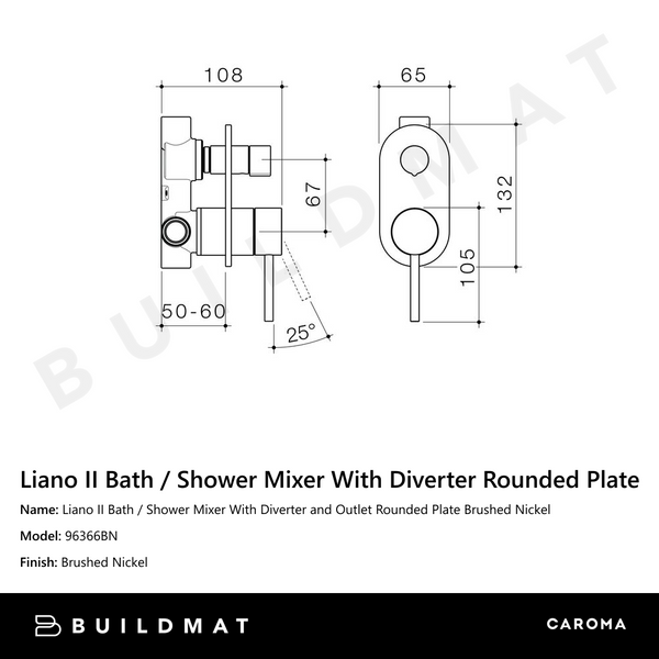 Caroma Liano II Bath / Shower Mixer With Diverter and Outlet Rounded Plate Brushed Nickel