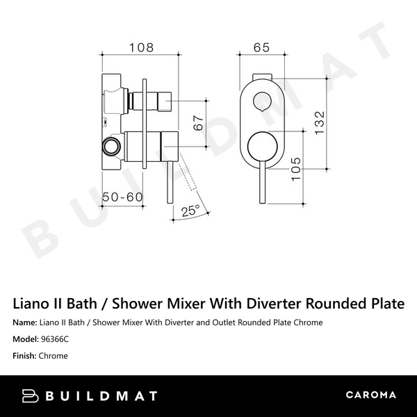Caroma Liano II Bath / Shower Mixer With Diverter and Outlet Rounded Plate Chrome