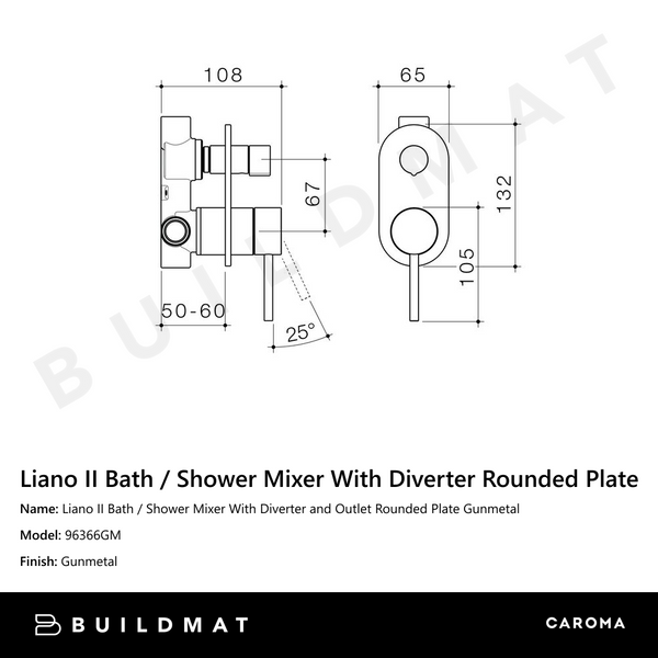 Caroma Liano II Bath Shower Mixer With Diverter and Outlet Rounded Plate Gunmetal