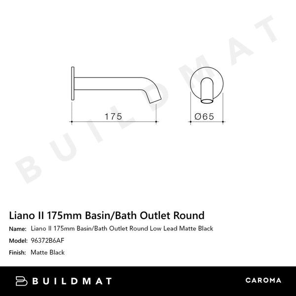 Caroma Liano II 175mm Basin/Bath Outlet Round Low Lead Matte Black
