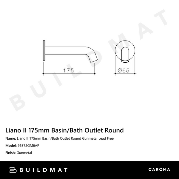 Caroma Liano II 175mm Basin/Bath Outlet Round Gunmetal Lead Free