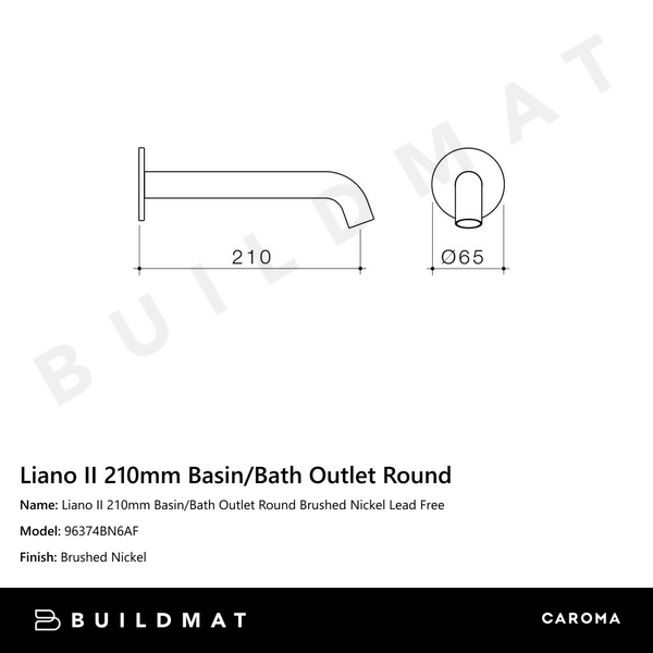 Caroma Liano II 210mm Basin/Bath Outlet Round Brushed Nickel Lead Free