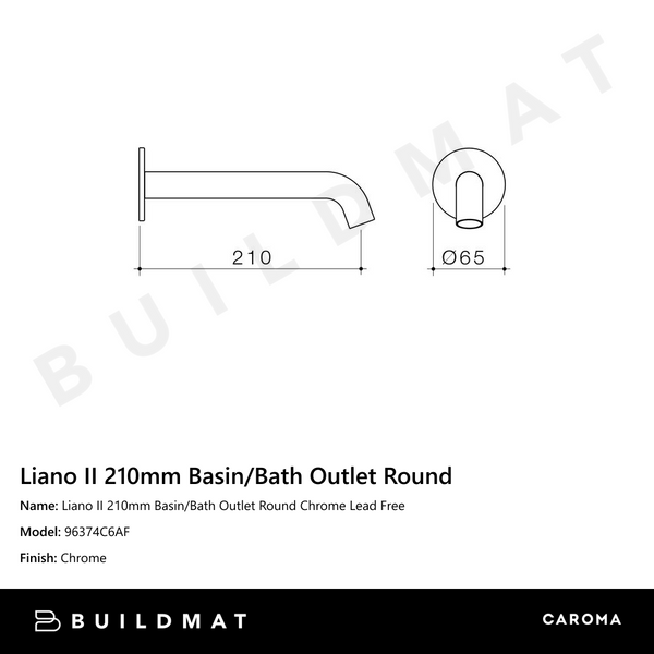 Caroma Liano II 210mm Basin/Bath Outlet Round Chrome Lead Free