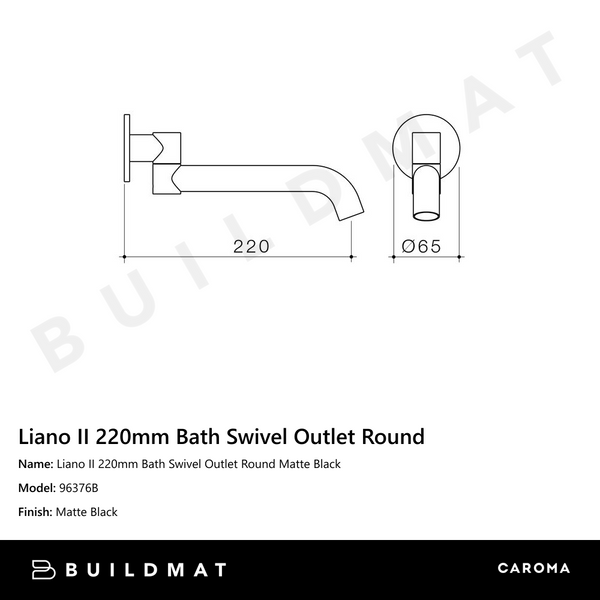 Caroma Liano II 220mm Bath Swivel Outlet Round Matte Black