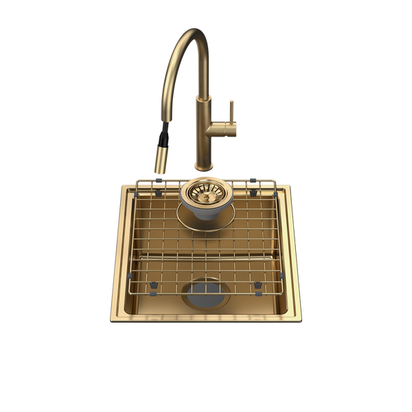 Caroma Urbane II Single Bowl Sink with Liano II Pull Out Sink Mixer Brushed Brass