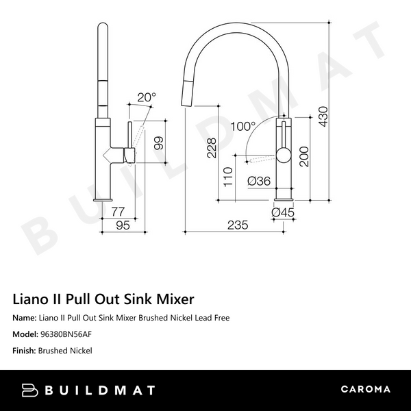 Caroma Liano II Pull Out Sink Mixer Brushed Nickel Lead Free