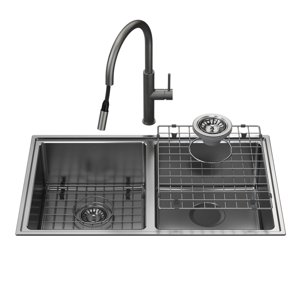 Caroma Urbane II Double Bowl Sink with Liano II Pull Out Sink Mixer Gunmetal