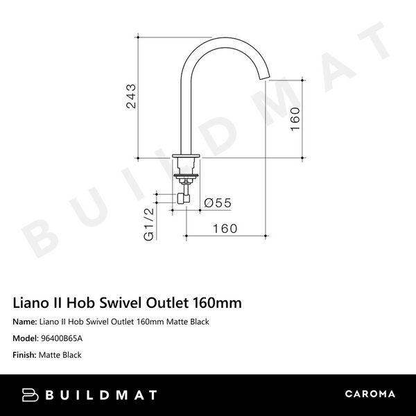 Caroma Liano II Hob Swivel Outlet 160mm Matte Black