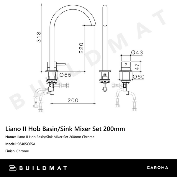 Caroma Liano II Hob Basin/Sink Mixer Set 200mm Chrome